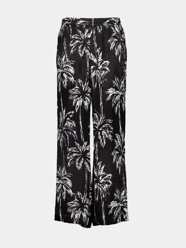 Women's clothing career wear-Black Palm Print Satin Pyjama Trousers