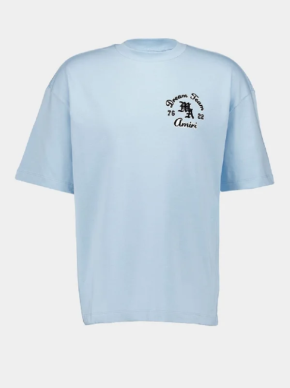 Women's clothing inspiration-Light Blue Flocked-Logo Cotton T-Shirt