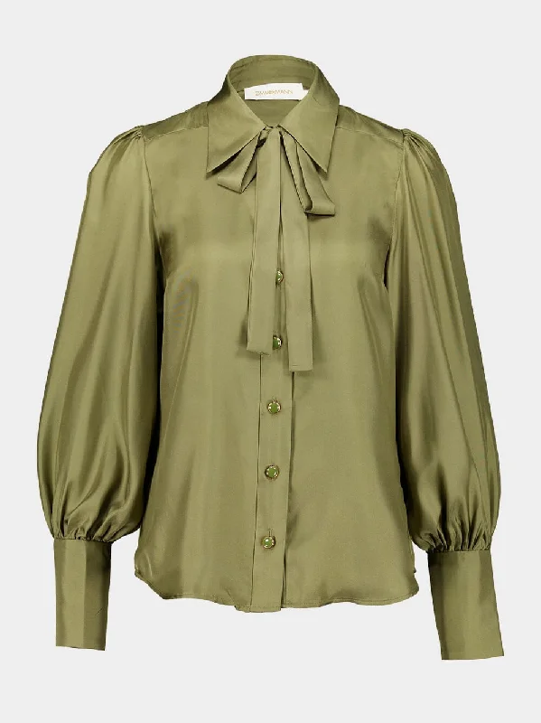 Women's clothing gothic wear-Olive Green Tranquility Silk Blouse