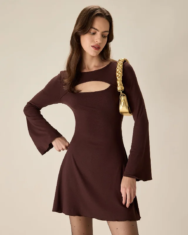 Sweaters crossover look-Coffee Boat Neck Cutout Sweater Dress