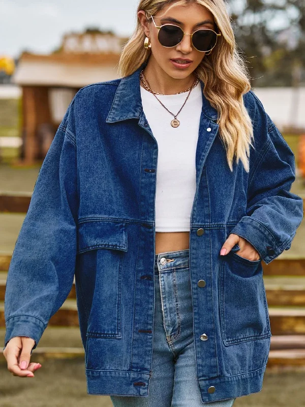 Jackets quiz layer-Dropped Shoulder Denim Jacket with Pockets