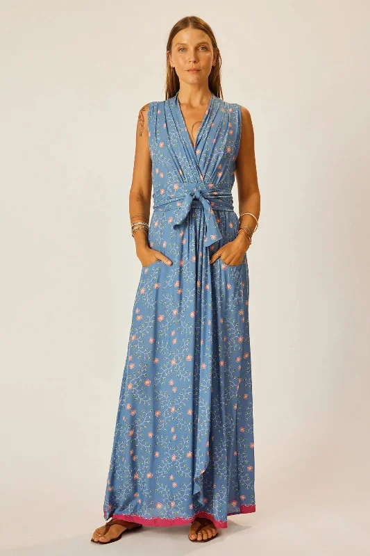 Fitted midi dresses-Natalie Martin Nico Sleeveless Maxi with Sash in Pinwheel Denim