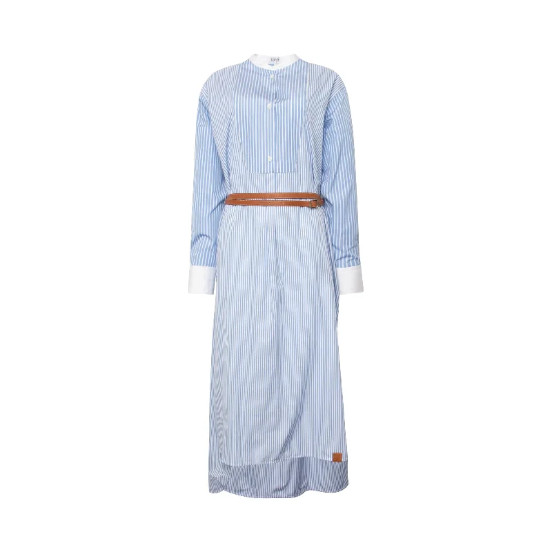 Geometric chic dresses-Stripe Shirtdress Leather Belt in White