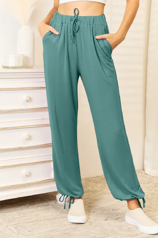 Bottoms for busy days-Basic Bae Full Size Soft Rayon Drawstring Waist Pants with Pockets