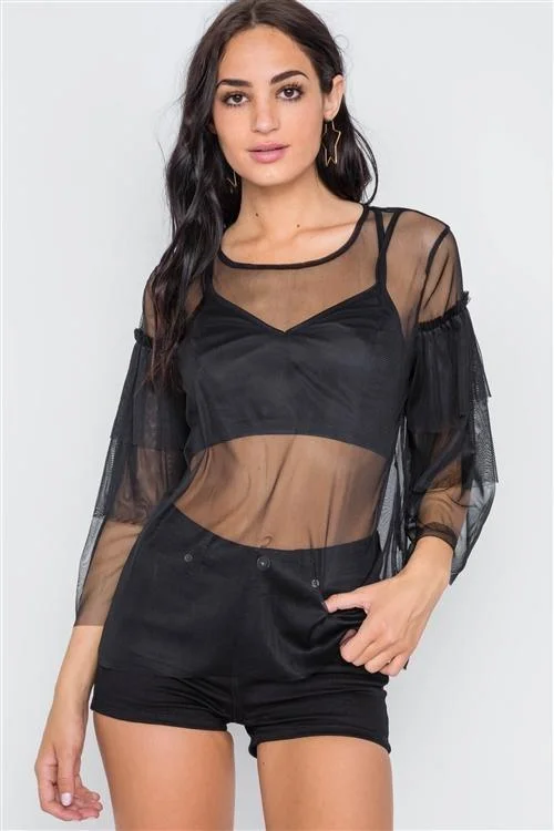 Meditation Tops-Black Sheer Two Piece Mash Long Sleeves Top