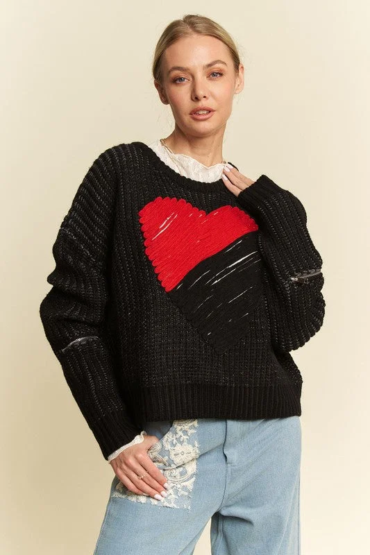 Sweaters casual to cozy-Davi & Dani Contrast Heart Dropped Shoulder Sweater