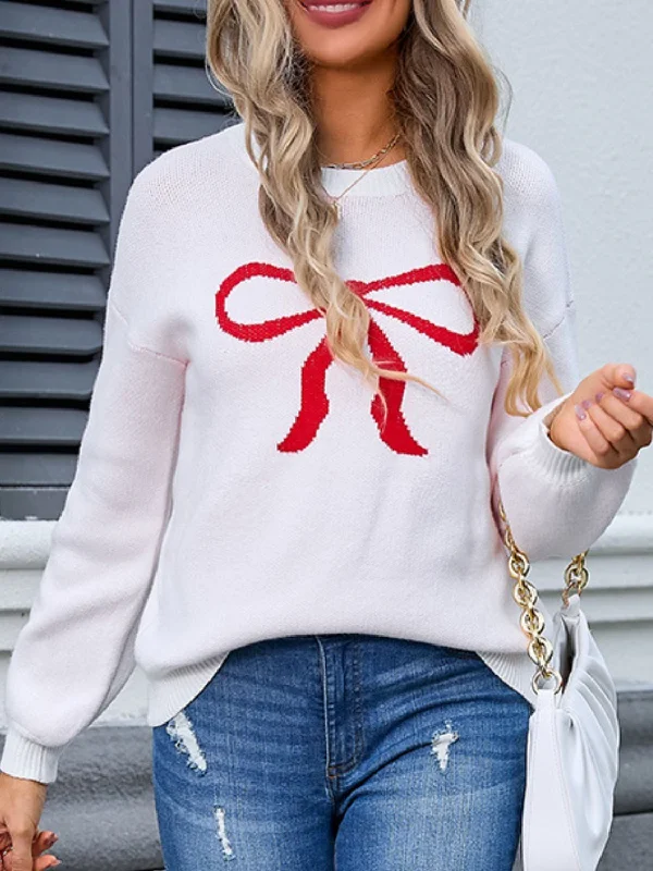 Sweaters upcycled chic-Bow Graphic Round Neck Long Sleeve Sweater