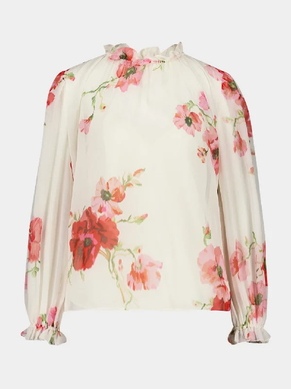 Women's clothing desert style-Cream Floral Ruffled Neckline Blouse