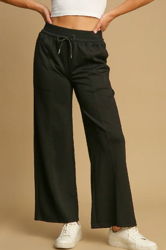 Bottoms with frayed hems-Umgee Drawstring Wide Leg Pants with Pockets