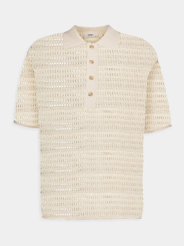 Women's clothing cotton wear-Open-Knit Cream Polo