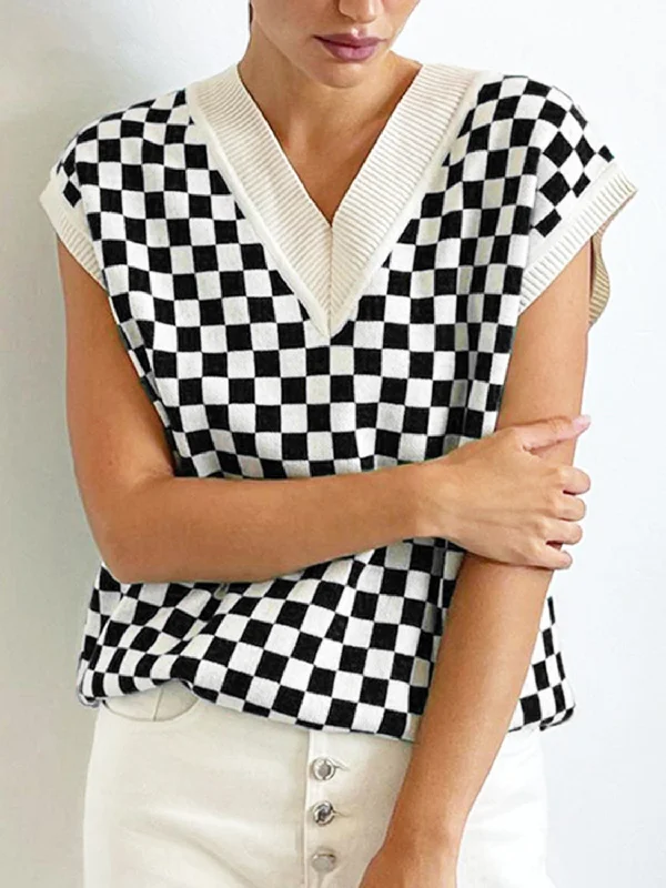 Sweaters unique charm-Full Size Checkered V-Neck Cap Sleeve Sweater