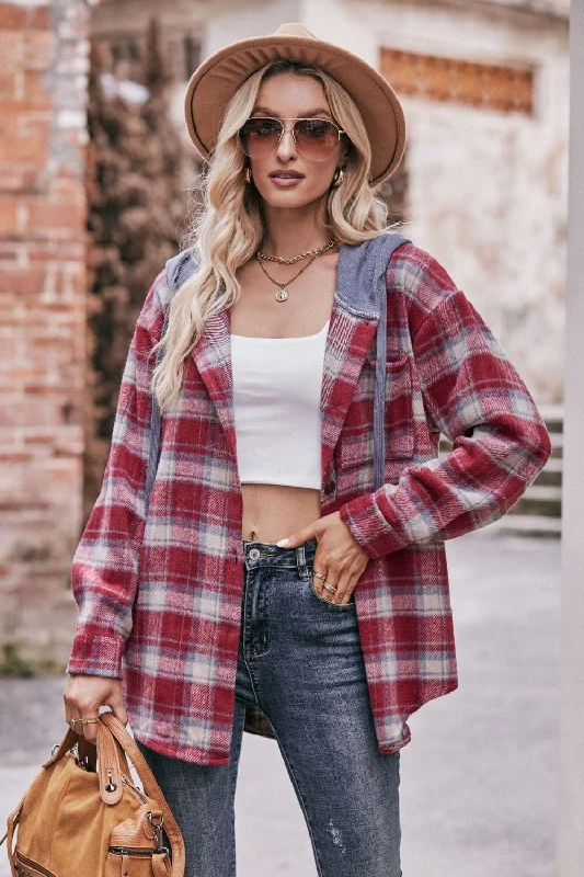 Jackets plush lining-Plaid Dropped Shoulder Hooded Longline Jacket