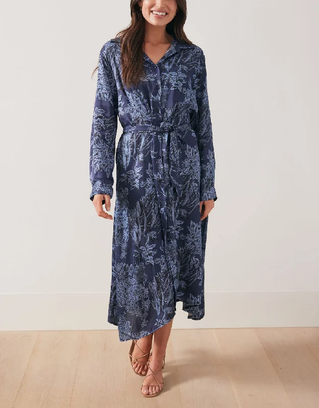 Petite style dresses-Botanic Print Midi Shirt Dress - Navy