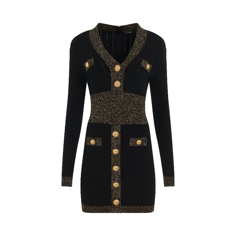 Provocative sexy dresses-Long Sleeve V-Neck Golden Edge Knit Dress in Black/Gold