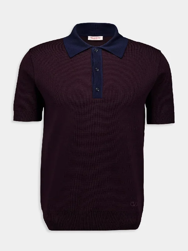 Women's clothing dinner look-Maroon Wool Polo Shirt with VLogo Embroidery