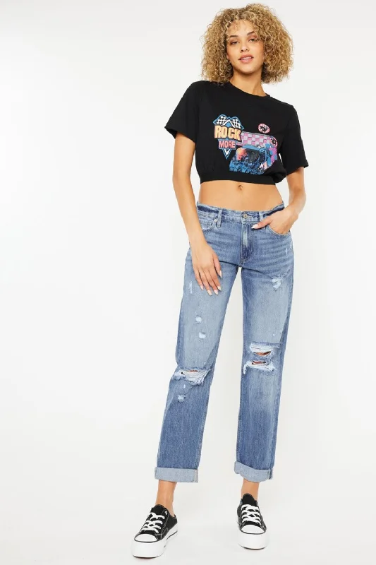 Bottoms for game nights-Kancan Mid Rise Distressed Straight Jeans