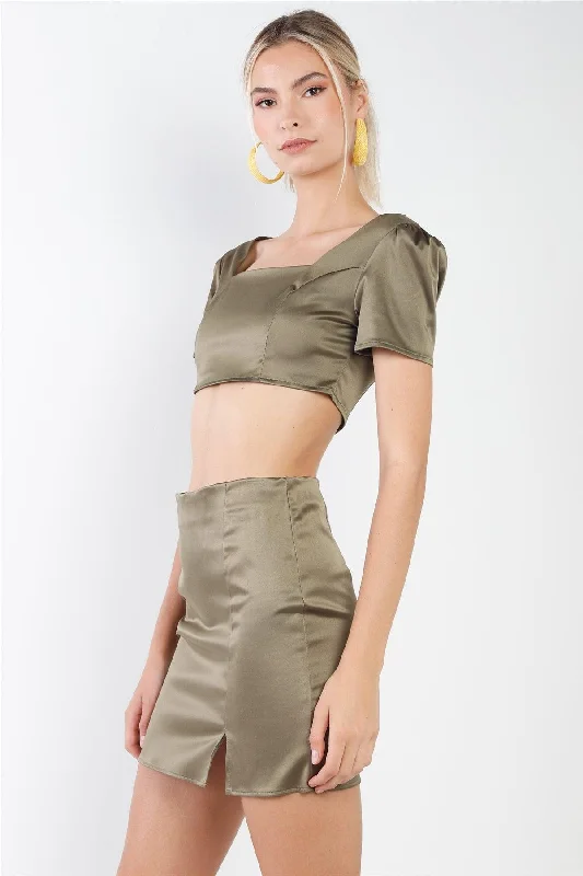 Fresh Tops-Olive Satin Effect Square Neck Crop Top & High Waist Slit Detail Mini Skirt Set /3-2-1