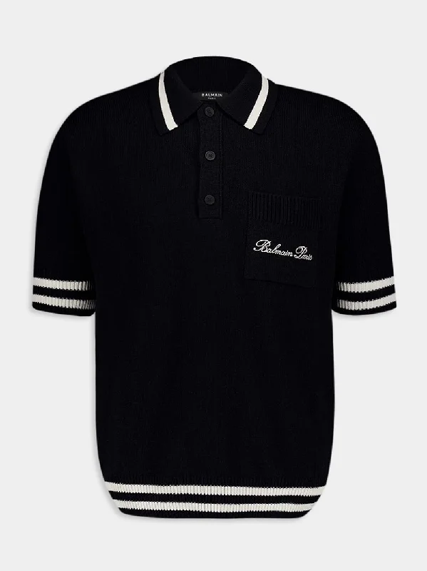 Women's clothing comfy pants-Balmain Black Signature Embroidered Logo Polo Shirt