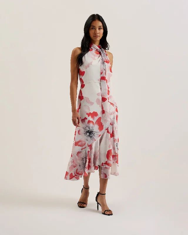 Pink blush dresses-Selino Tie Neck Printed Midi Dress Ivory