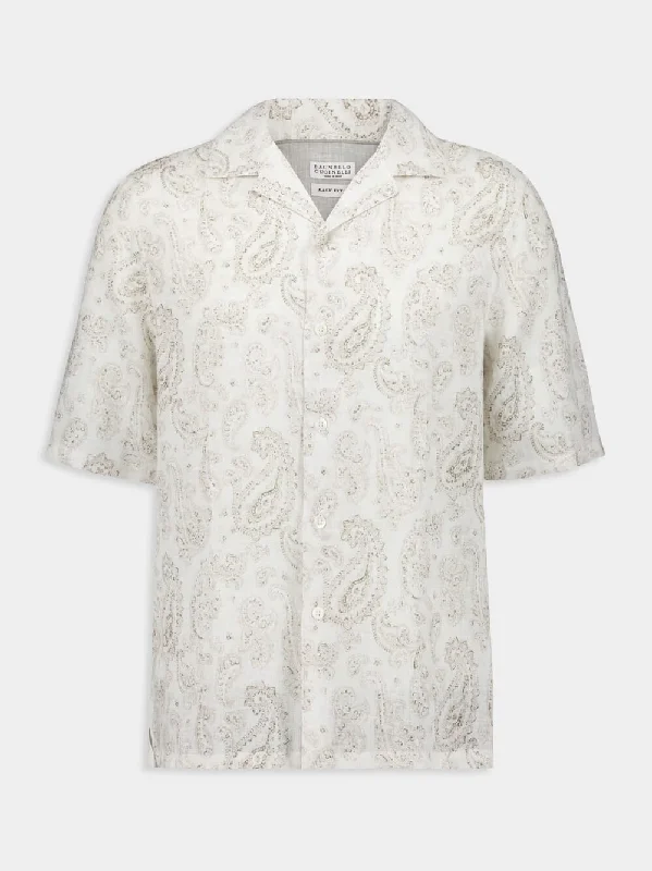 Women's clothing sizing-Paisley Linen Camp Collar Shirt