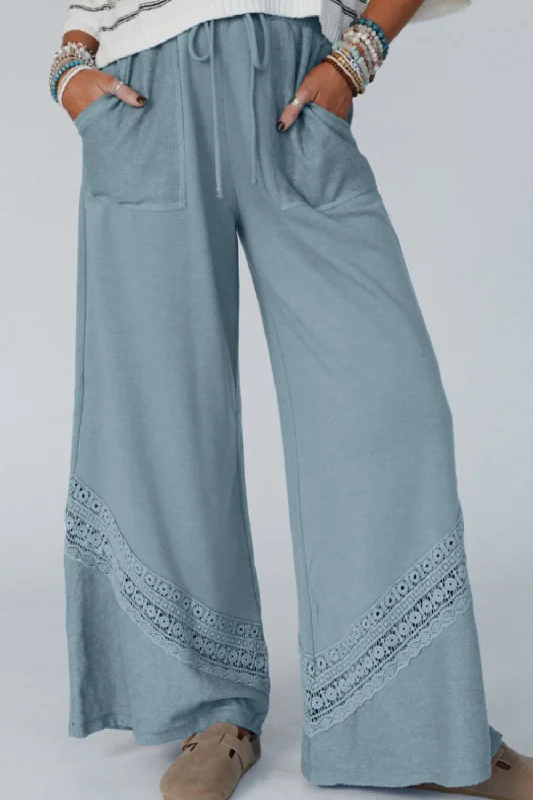 Bottoms for cold days-Lace Detail Wide Leg Pants