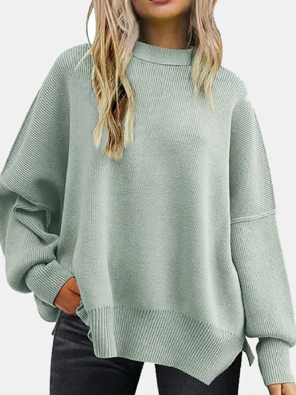 Sweaters celebrity style-Round Neck Drop Shoulder Slit Sweater