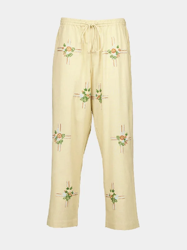 Women's clothing wardrobe-Cream Embroidered Cabin Trousers