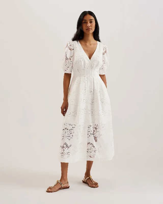 Cotton comfy dresses-Agnel Lace Puff Sleeve Midi Dress White