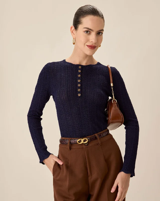 Sweaters curbside option-Navy Round Neck Slim Sweater