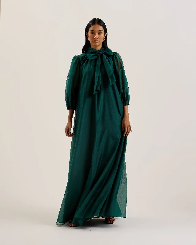 Vivid bright dresses-Adaifi Sheer Organza Tie Neck Maxi Dress Dk-Green