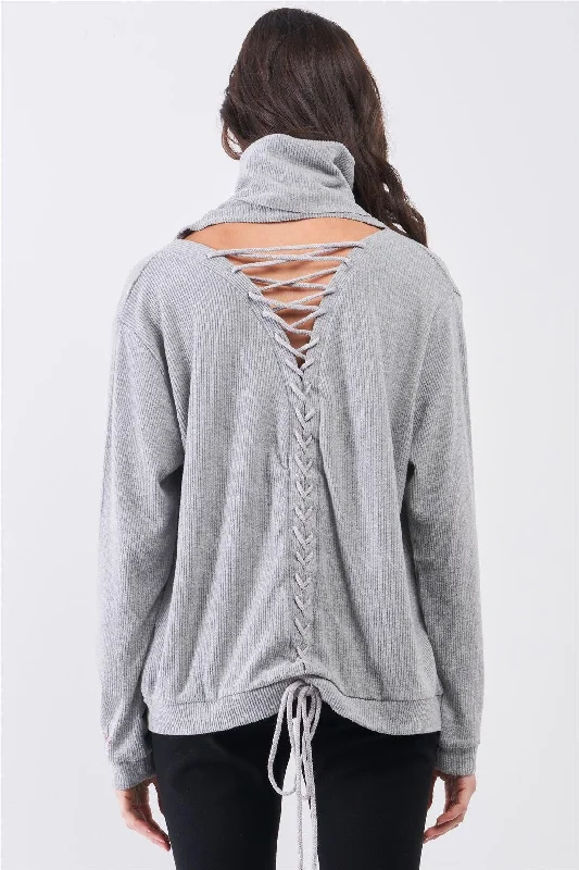 Tropical Tops-Heather Grey Long Sleeve Cut Out Lace Up Tie Back Detail Turtleneck Top