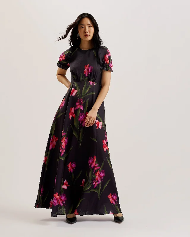 Velvet luxe dresses-Loceie Puff Sleeve Printed Maxi Dress Black