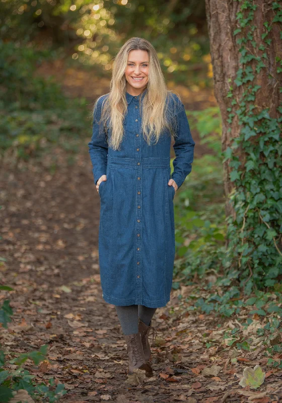 Tiered flair dresses-Denim Shirt Dress