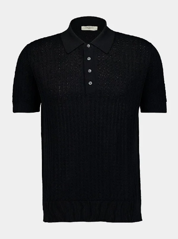 Women's clothing new drops-Black Silk Linen Blend Polo Shirt