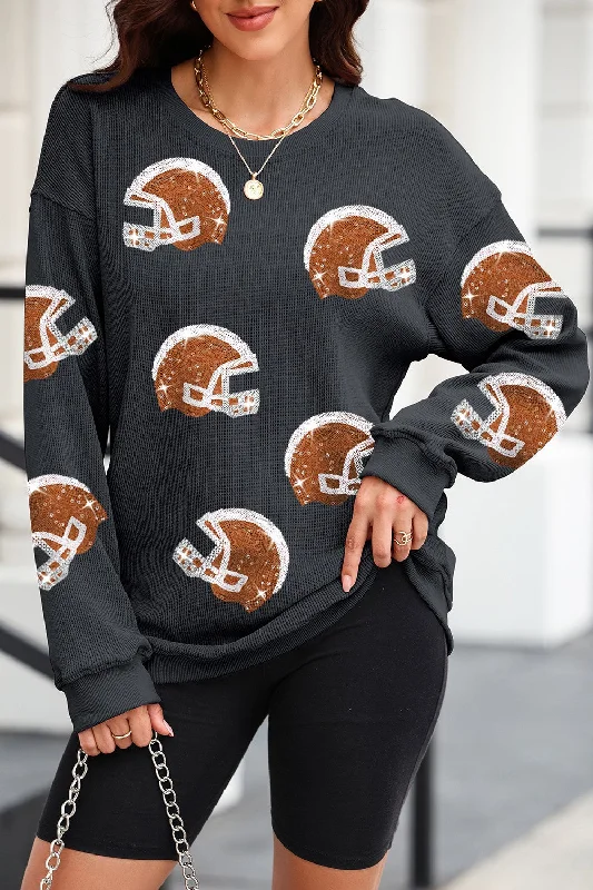 Side-slit hoodies & sweatshirts-Sequin Football Helmet Women's Graphic Long Sleeve Sweatshirt