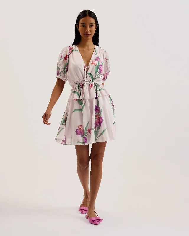 Denim day dresses-Merieli V Neck Waisted Mini Dress Lt-Pink