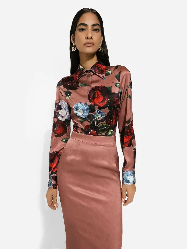 Women's clothing style shift-Vintage Rose Print Satin Shirt