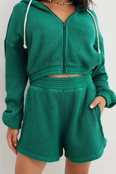 Goth hoodies & sweatshirts-Waffle-Knit Zip Up Hoodie and Shorts Set