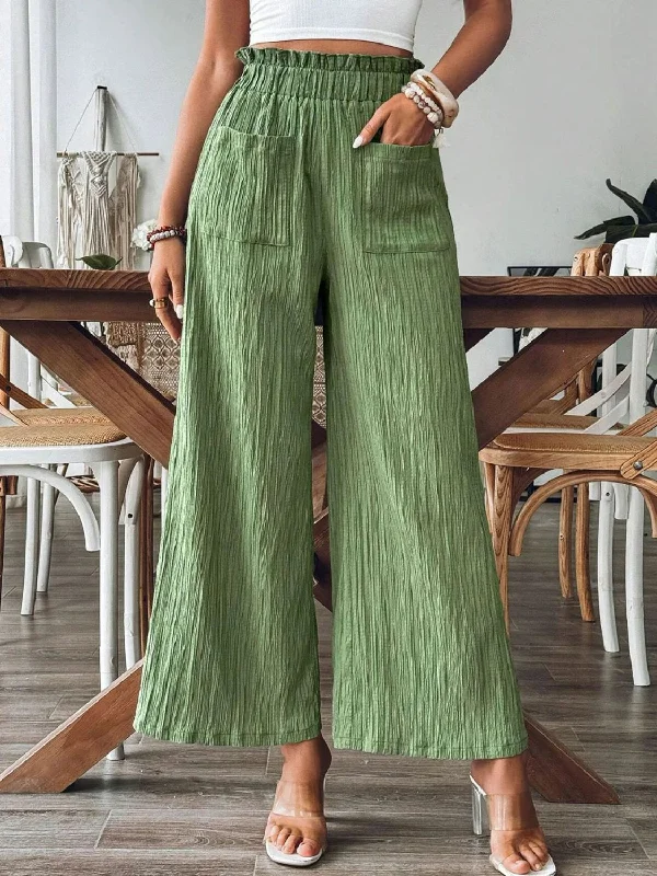 Bottoms for lazy days-Pocketed Elastic Waist Wide Leg Pants