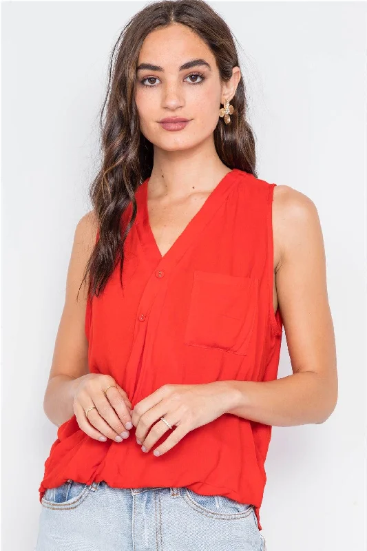 Nature Tops-Tomato Surplice Neck Button Front Sleeveless Top