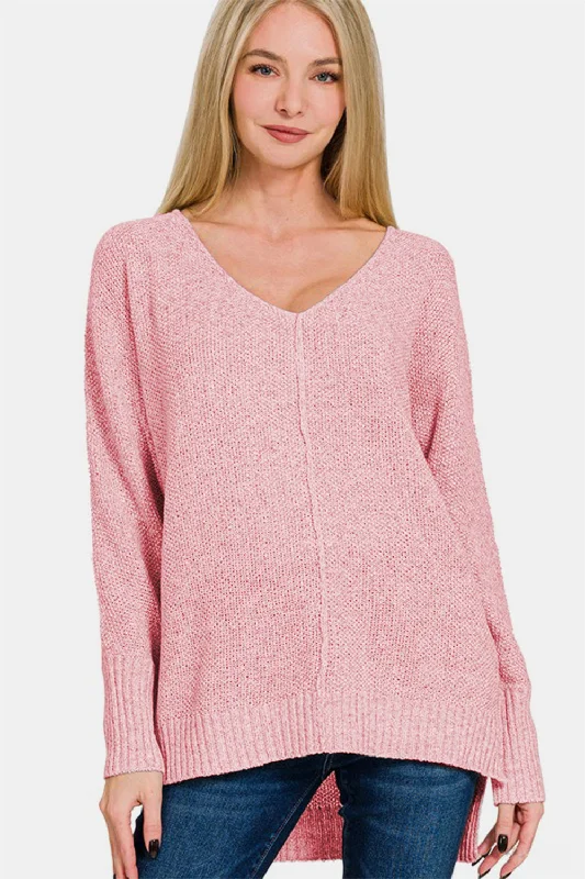 Sweaters loose glow-Zenana High-Low Center Seam V-Neck Sweater