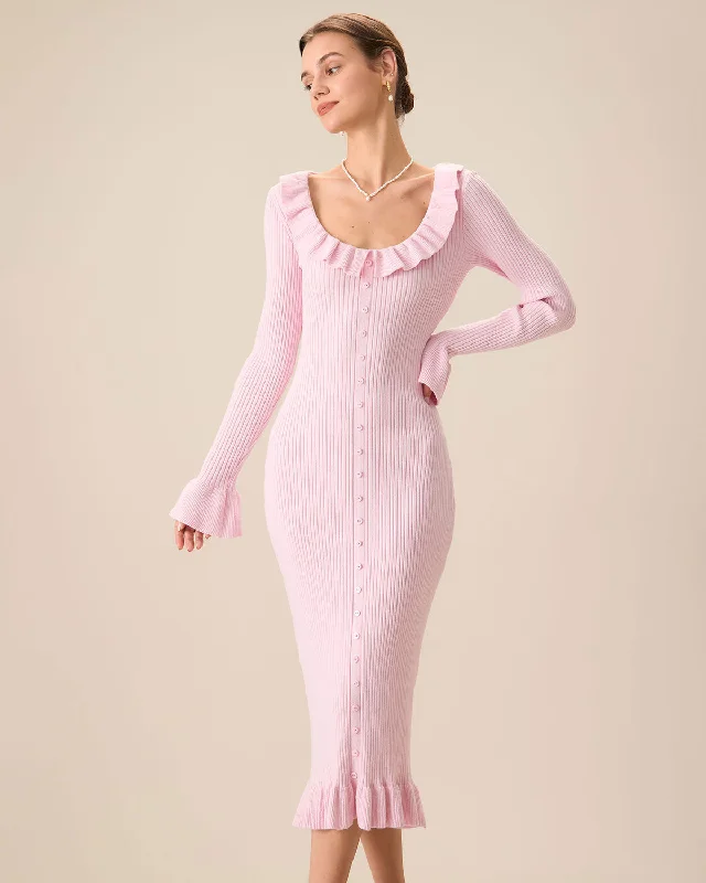 Sweaters regional flair-Women's Pink U-Neck Ruffle Bodycon Sweater Dress