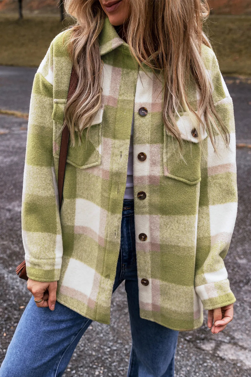 Jackets fold style-Plaid Button Up Long Sleeve Jacket