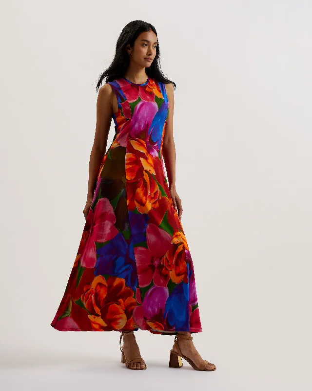 Sleeveless summer dresses-Bryneyy Slinky Jersey Printed Racer Midi Dres Multicol