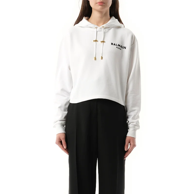 Photoshoot hoodies & sweatshirts-Balmain Flock Detail Cropped Hoodie in White/Black