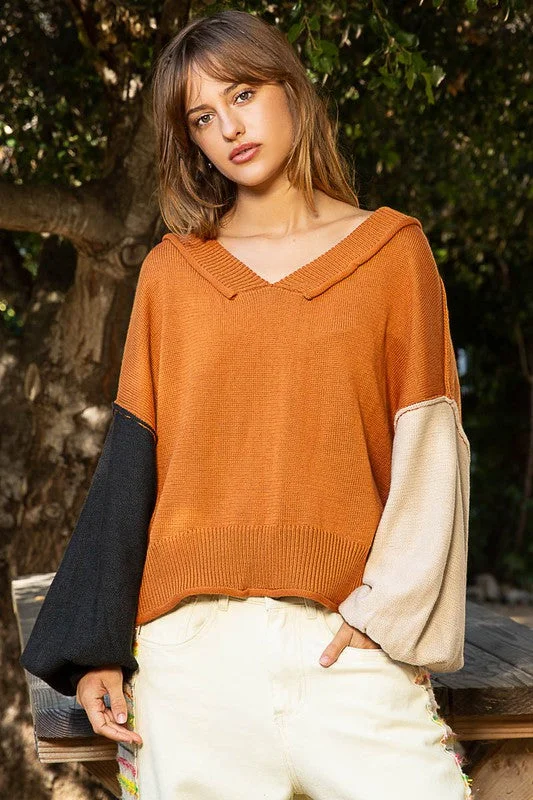 Sweaters celeb chic-POL Exposed Seam Roll Edge Color Block V Neck Sweater