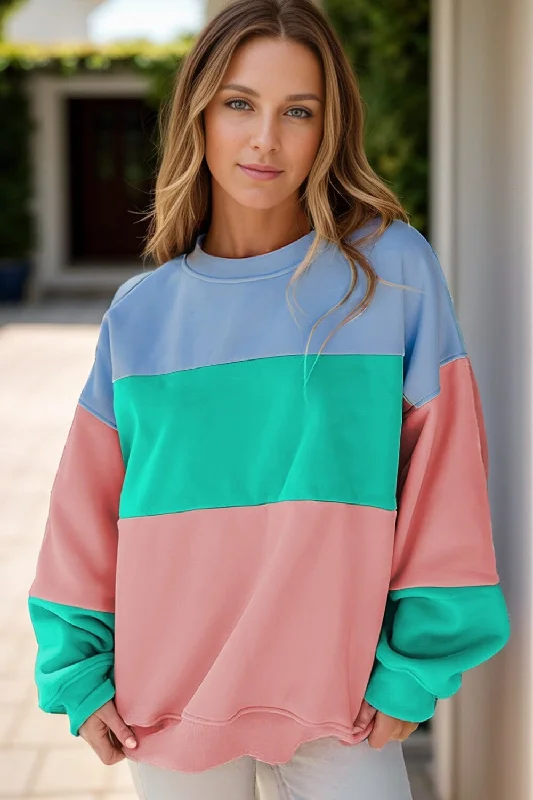 Padded hoodies & sweatshirts-Color Block Round Neck Long Sleeve Sweatshirt