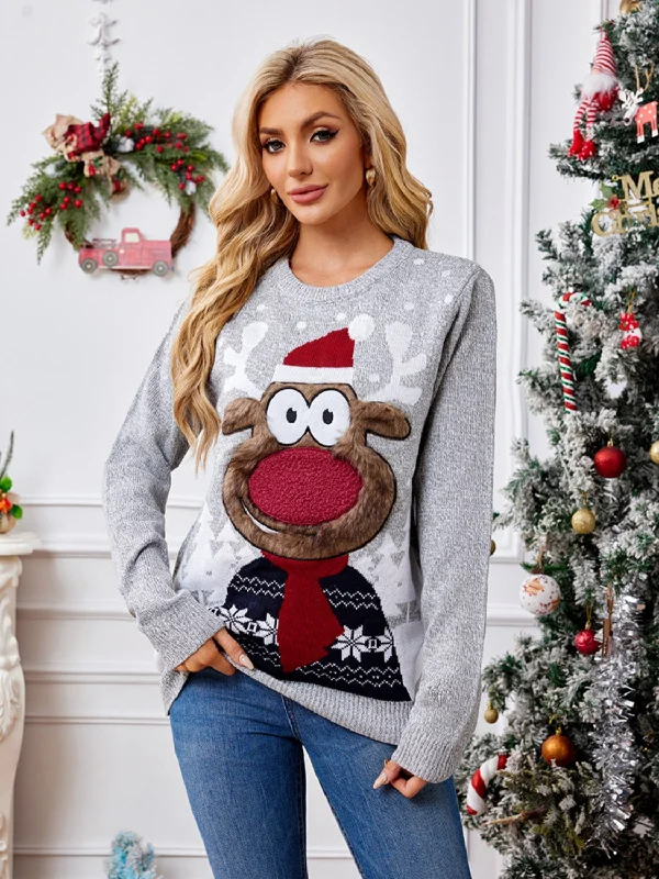 Sweaters loose style-Reindeer Round Neck Long Sleeve Sweater