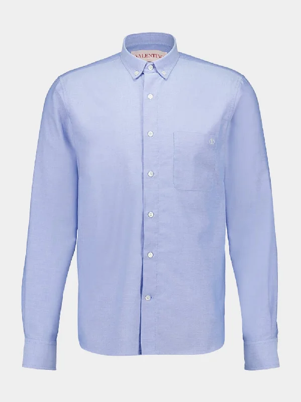 Women's clothing thrifted-Sky Blue VLogo Embroidered Cotton Shirt