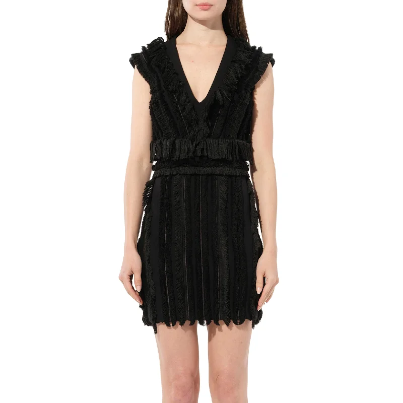 Simple cotton dresses-Fringe Mini Dress in Black